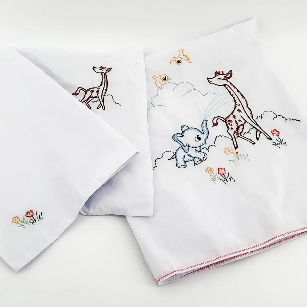 Vintage Embroidered Elephant Giraffe Toddler Bed Sheet & Pillowcase Set Handmade